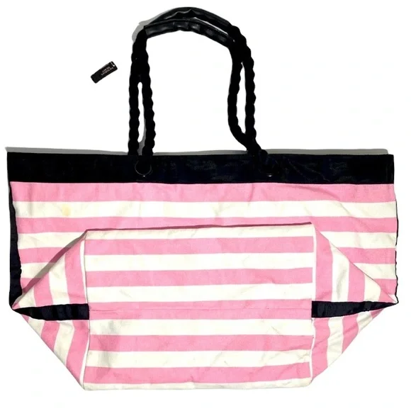 Victoria’s Secret Tote Travel Bag Overnight Weekender Stripes Pink White Black - Picture 10 of 14